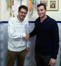 Grego Acebedo, artista, y Vicent Ferrer, presidente de la Falla Escalante-Marina.