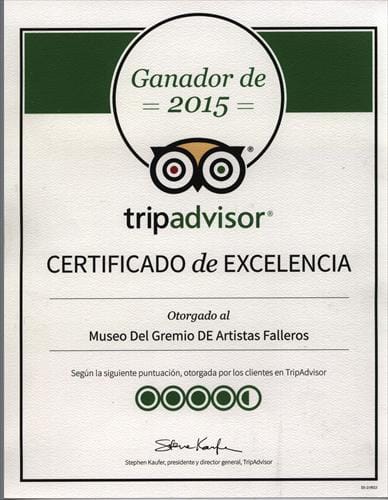 Certificado de excelencia de TripAdvisor al Museo del Gremio (imagen de www.gremiodeartistasfalleros.com).