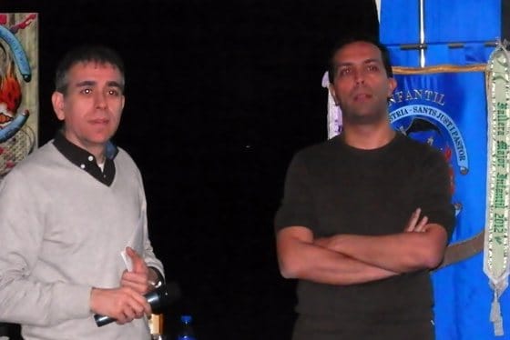 Javier Mozas y Josep Lluís Marín, en una charla sobre las Fallas del siglo XIX en la Falla Industria.