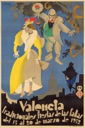 Cartel oficial de las Fallas de València de 1932, donde se muestra la costumbre de colgar peleles.
