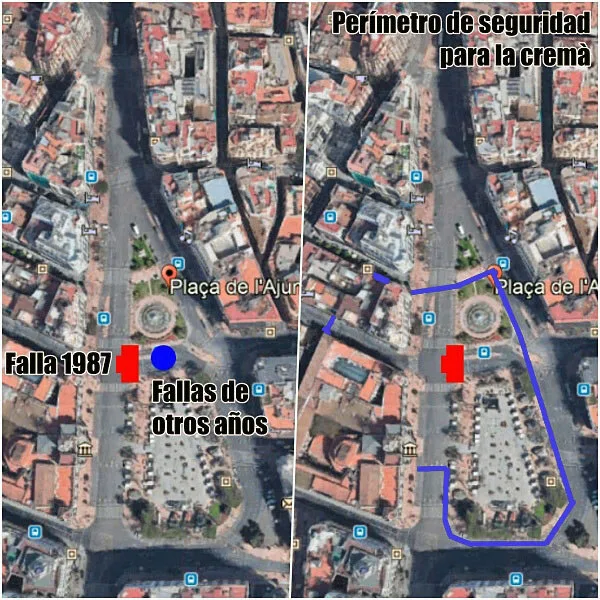 Situación y perímetro de seguridad de la falla de la plaça del País Valencià (València) de 1987 (elaboración propia con mapas de Google)