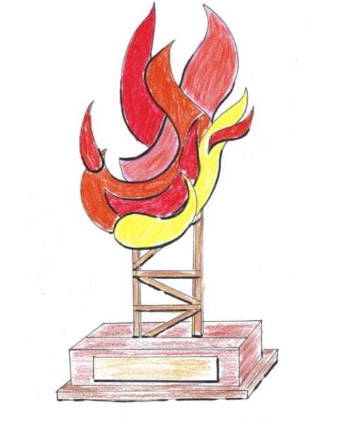 Boceto del premio "Flama solidaria", creado por la Falla Vicente Sancho Tello-Chile