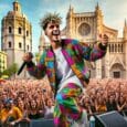 Un cantante de reguetón y la catedral de València detrás (foto de IA)