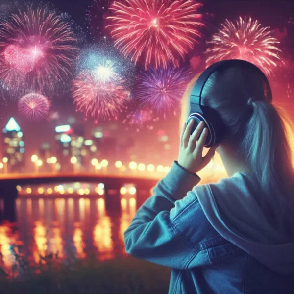 Chica viendo un castillo de fuegos artificiales con cascos