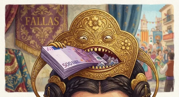 Peineta de fallera comiendo dinero (foto realizada con IA)