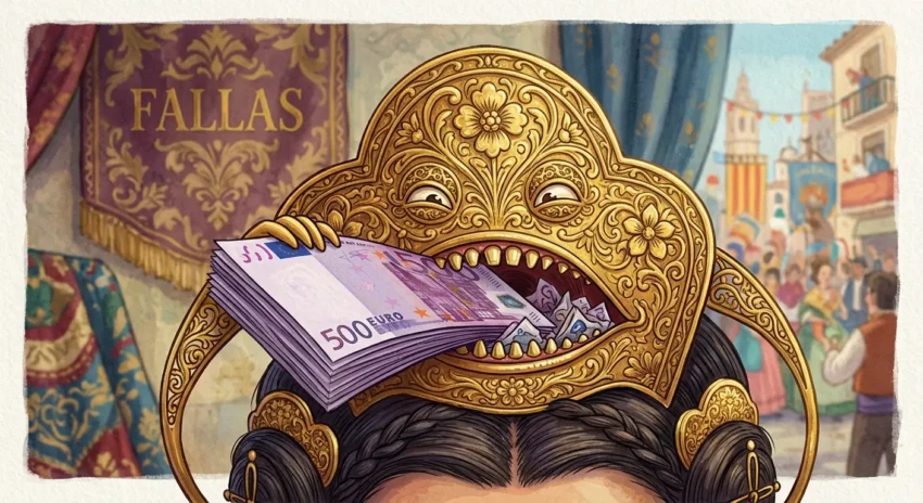 Peineta de fallera comiendo dinero (foto realizada con IA)